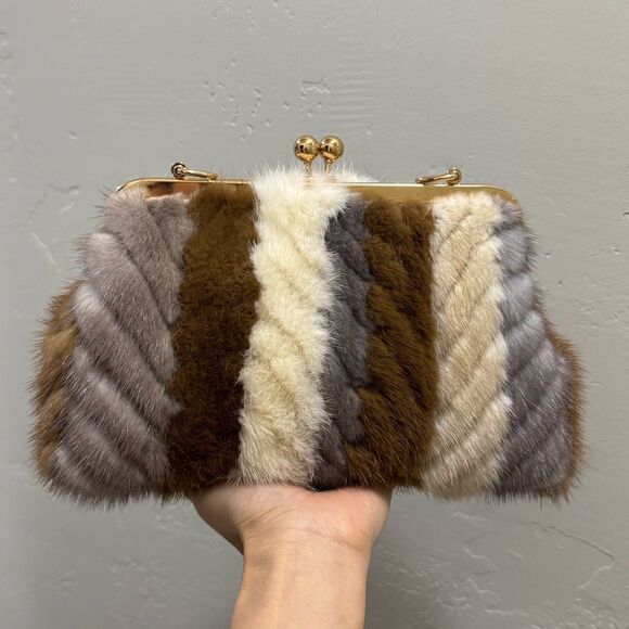 Colorblock Handmade Real Mink Fur Kisslock Clutch/Wristlet/Crossbody - Picture 11 of 15